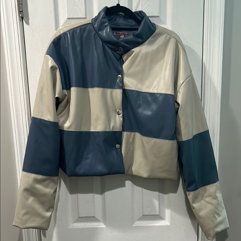 Blue and Cream Pleather Jacket with Color-Block Design